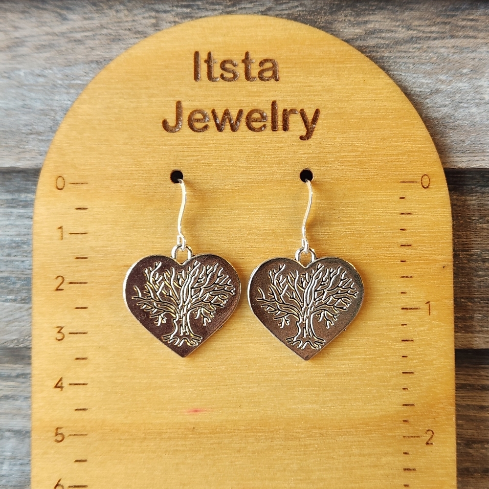 Tree of Life Etched Heart Charm Drop Earrings Sterling Silver Earwire E156
